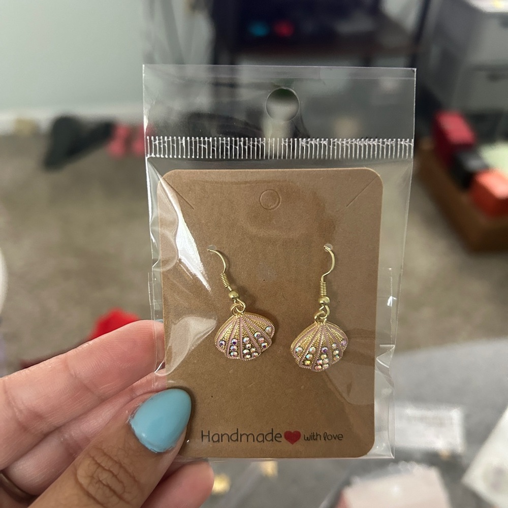 Handmade Gold Shell Drop Earrings with Pink Accents